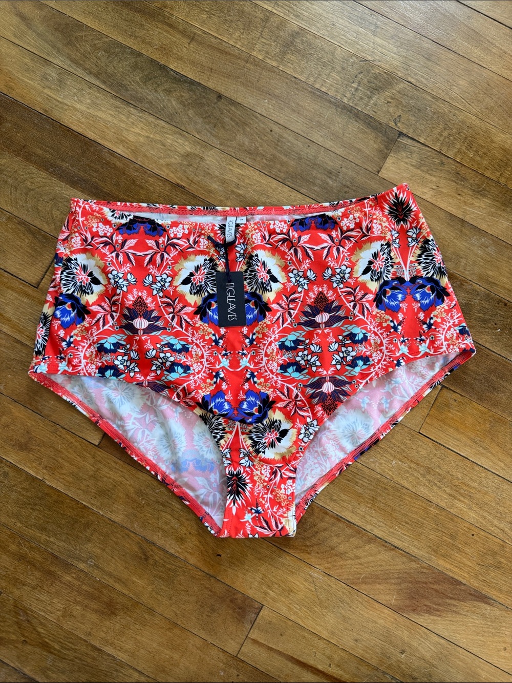 FIGLEAVES Red High-Waist Floral Swim Bottom